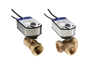 Johnson Controls VG1845AGH923BGB Model VG1845AG Three-Way Stainless Steel Trim NPT Ball Valve with Model VA9203-BGB-2 Open Thermal Barrier Spring-Return Electric Actuator with One Switch