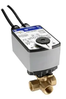 Johnson Controls VG1841CN+923AGA Model VG1841CN Three-Way Plated Brass Trim NPT Ball Valve with VA9203-AGA-2Z Port A Open Spring-Return Electric Actuator