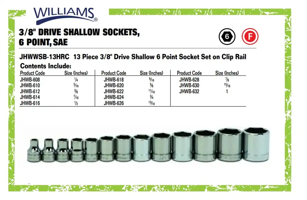 SK0359608-US20260702-105043-0 Williams JHWWSB-13HRC Socket Set, 13 Pieces, 3/8 Inch Drive, Shallow, 6 Point - Image 1