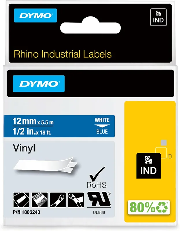 DYMO 1805243 Industrial Labels for DYMO Industrial Rhino Label Makers White on Blue 1/2 1 Roll