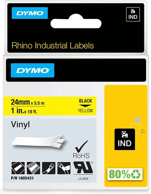 DYMO 1805431 Industrial Labels for DYMO Industrial Rhino Label Makers, Black on Yellow, 1, 1 Roll