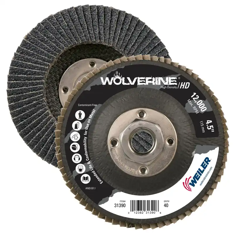 Weiler 31390 Wolverine 4-1/2 x 5/8-11 UNC Nut Abrasive Flap Disc 40 Grit Zirconia Alumina Flat Type 27 Phenolic Backing High Density