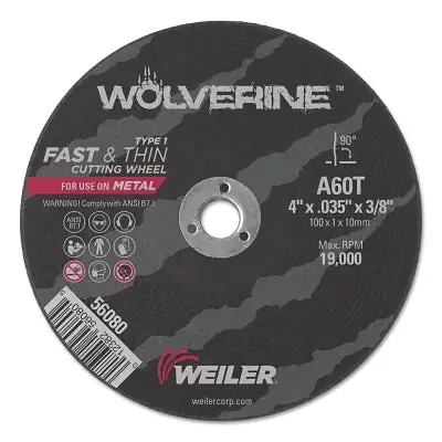 Weiler 56080 Wolverine Flat Type 1 Cutting Wheel 4 Inch Dia 035 Thick 3/8 Arbor 60 Grit