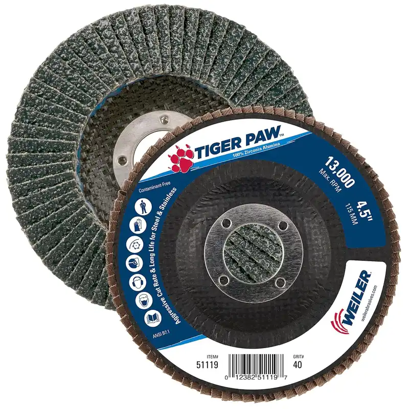 Weiler 51119 Tiger Paw Abrasive Flap Disc 40Z 4-1/2 Inches 7/8 Arbor