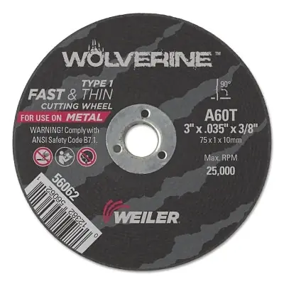 Weiler 56062 Wolverine Flat Type 1 Cutting Wheel 3 inches 60 Grit Aluminum Oxide