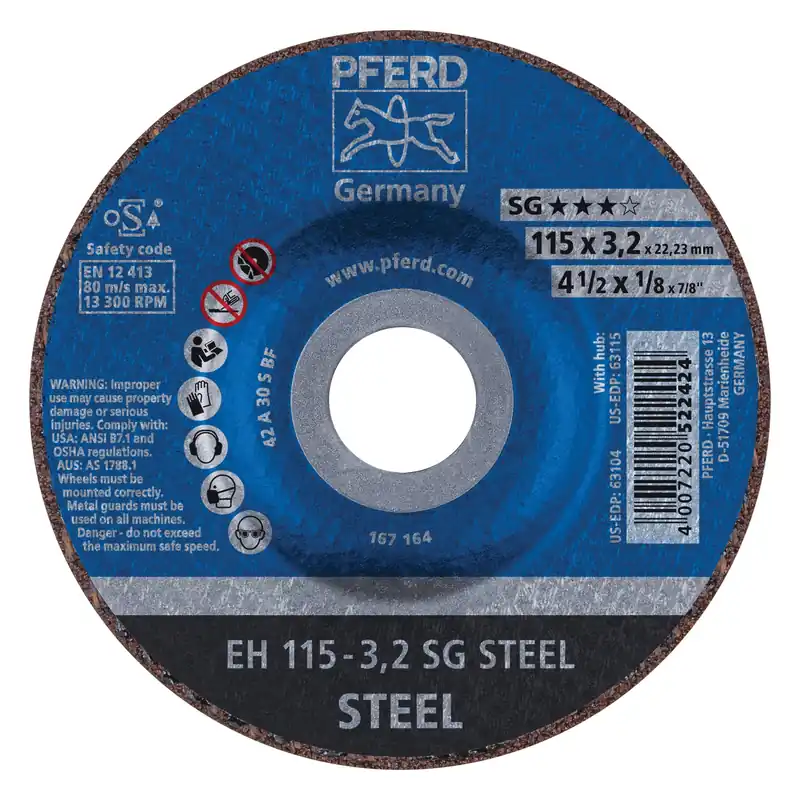 Pferd 63104 Performance Line SG Depressed Center Wheel 4-1/2 in 1/8 in 46 Grit Type 27