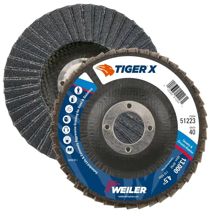Weiler 51223 Tiger X Flap Disc Ceramic Zirconia Alumina Flat 40 Grit 4-1/2 Inches 7/8 Arbor Hole Pack of 10