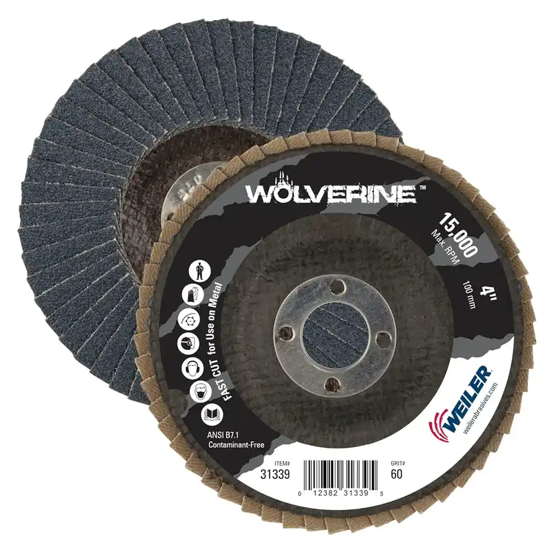 Weiler 31339 Wolverine 4 in 5/8 Arbor Hole Abrasive Flap Disc 60 Grit Zirconia Alumina Bevel Type 29 Phenolic Backing Pack of 10