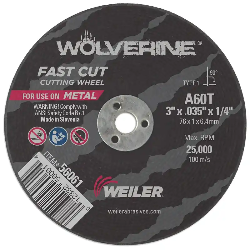 Weiler 56061 Wolverine Flat Type 1 Cutting Wheel 3 in Dia .035 Thick 1/4 Arbor 60 Grit