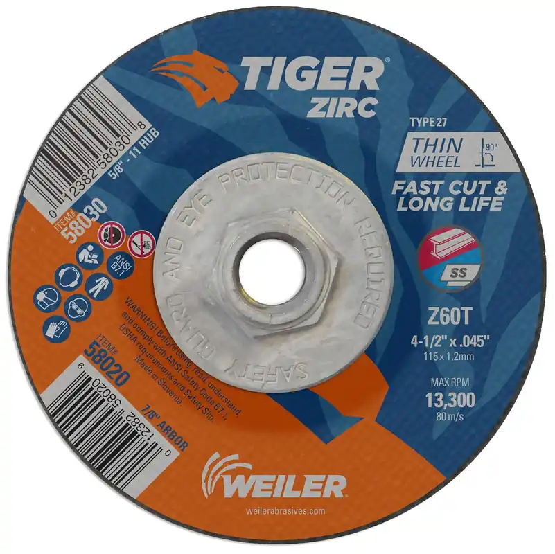 SK0372115-US20260702-105043-0 Weiler 58030 Tiger Zirc Cutting Wheel 4-1/2 Dia Pack of 10 - Image 1