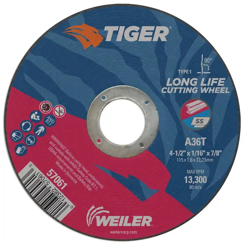 SK0373963-US20260702-105043-0 Weiler 57061 Tiger 4-1/2 Inch Cutting Wheel, 1/16 A36T 7/8 Arbor Type 1 Pack of 25 - Image 1