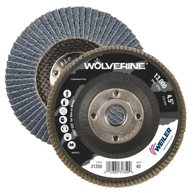 Weiler 31350 Wolverine 4-1/2 x 5/8-11 UNC Nut Abrasive Flap Disc 40 Grit Zirconia Alumina Bevel Type 29 Phenolic Backing Standard Density