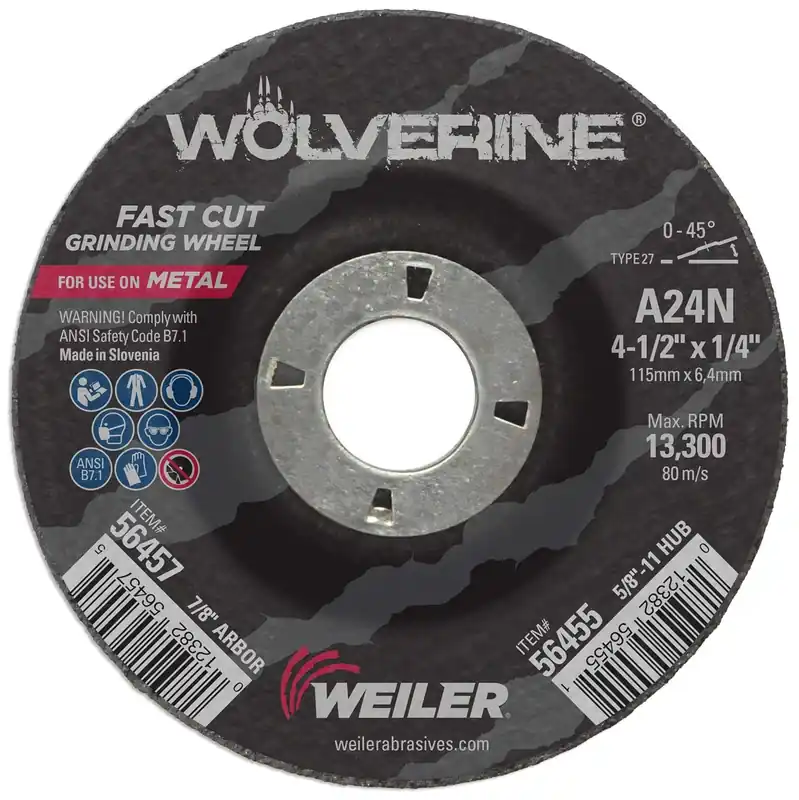Weiler 56457 4-1/2 X 1/4 Wolverine Type 27 Grinding Wheel A24N 7/8 A.H.