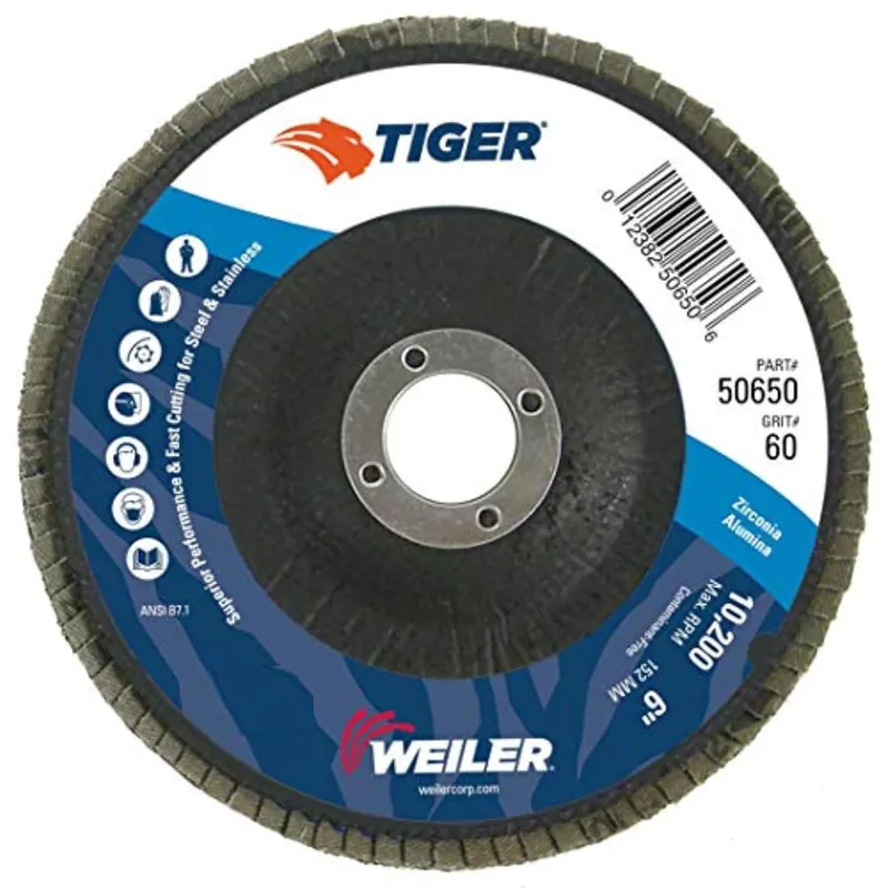Weiler 50650 Tiger 7/8 Arbor, 6 Diameter, 60 Grit, Zirconium, Phenolic Backing, Angled Abrasive Flap Disc