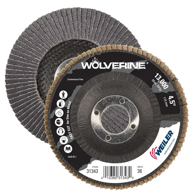 Weiler 31343 Wolverine 4-1/2 x 7/8 Arbor Hole Abrasive Flap Disc 40 Grit Zirconia Alumina Bevel Type 29 Phenolic Backing Standard Density