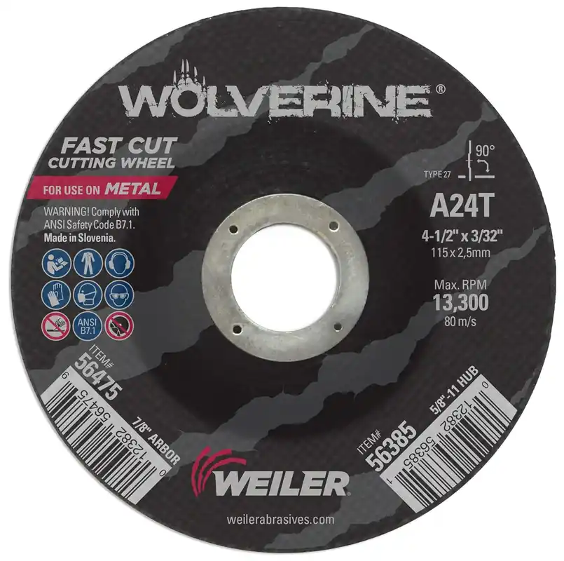 SK0377386-US20260702-105043-0 Weiler 56475 Wolverine 4-1/2 Inch Cutting Wheel 3/32 Thickness 7/8 Arbor A24T Grit - Image 1