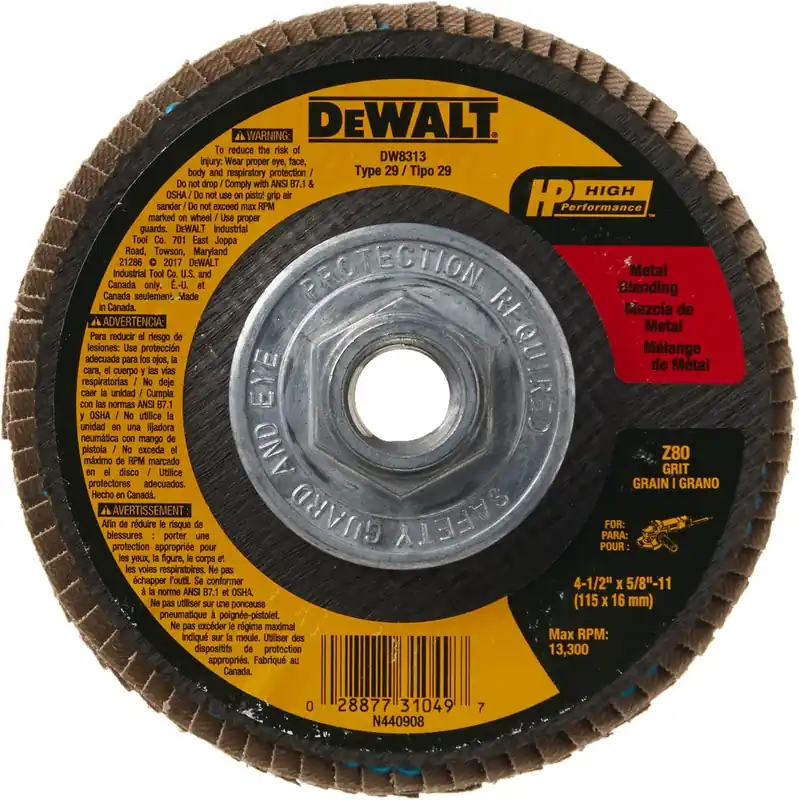 SK0377836-US20260702-105043-0 DeWALT DW8313 Flap Disc Zirconia 80 Grit 4-1/2 Inch 5/8-11 - Image 1