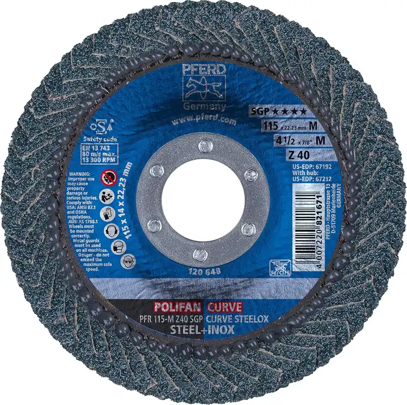 Pferd 67192 Polifan STEELOX Curve Radial Flap Disc Zirconia Alumina 4-1/2 Diameter 7/8 Arbor Hole 13300 RPM 40 Grit