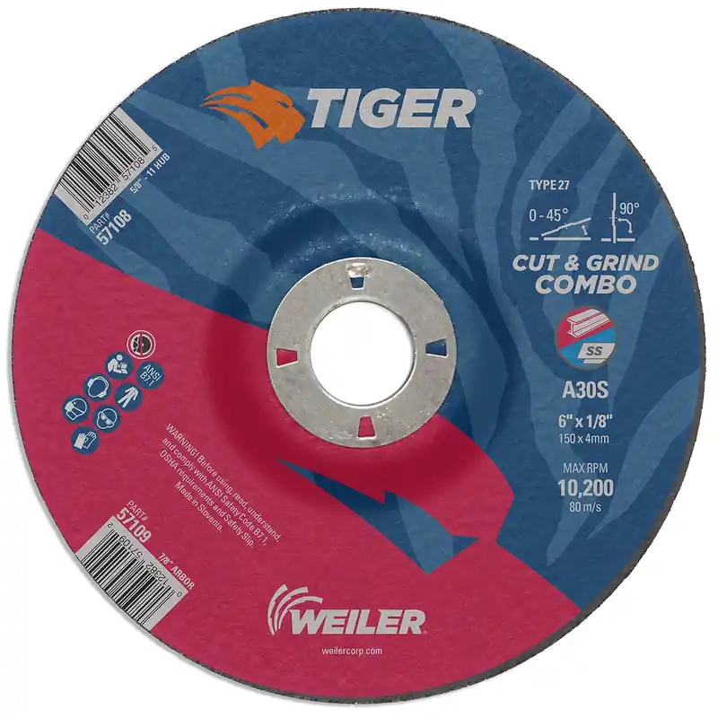 Weiler 57109 6 x 1/8 Tiger AO Type 27 Combination Wheel A30S 7/8 A.H Pack of 25
