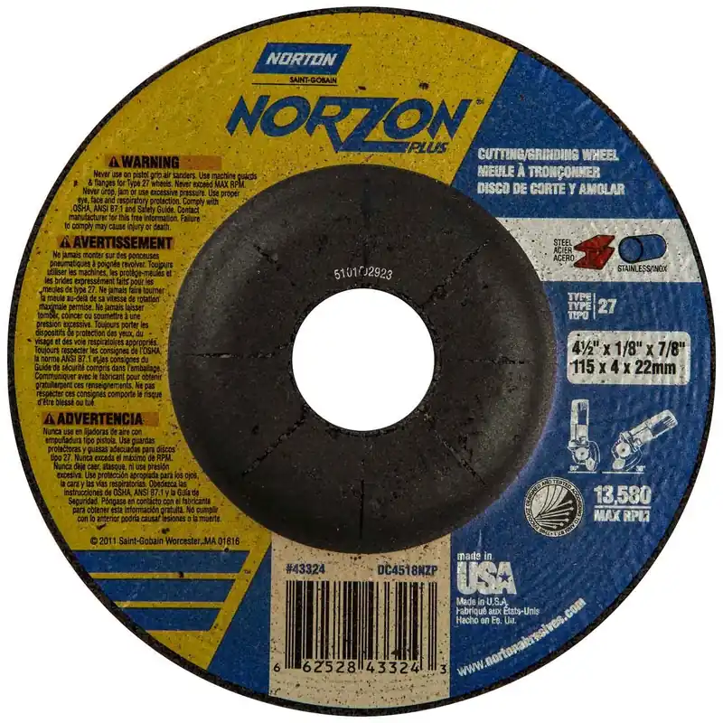 Norton 66252843324 4-1/2x1/8x7/8 in. NorZon Plus SGZ CA/ZA Grinding and Cutting Wheels, Type 27, 24 Grit, 25 Pack