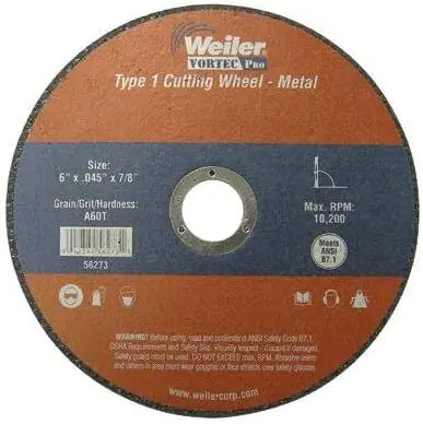 Weiler 56273 Aluminum Oxide Cutoff Wheel 60 Grit 6 Inch Diameter