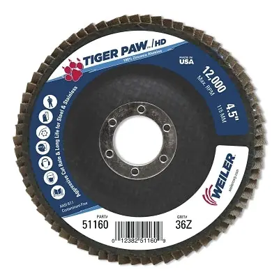 Weiler 51160 Tiger Paw Super High Density Flap Disc 36 Grit 7/8 in Arbor 12000 RPM