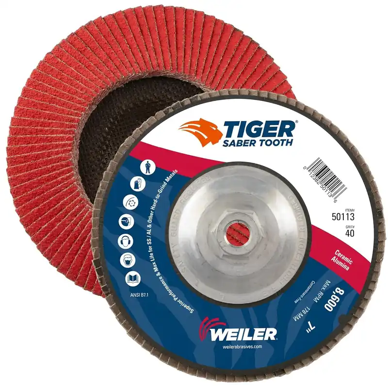 SK0380163-US20260702-105043-0 Weiler 50113 Saber Tooth Abrasive Flap Disc Angled Phenolic Backing 5/8 - 11 Arbor Ceramic 7 Diameter 40 Grit Pack of 10 - Image 1