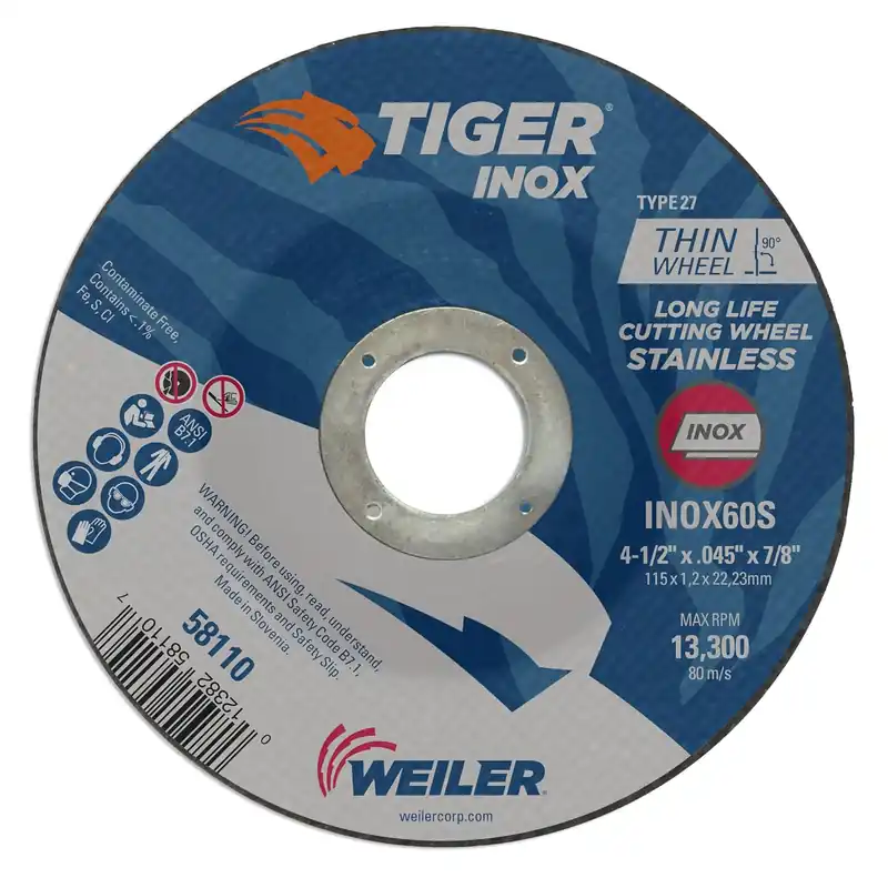 SK0380213-US20260702-105043-0 Weiler 58110 4-1/2 x 0.045 Tiger INOX Type 27 Thin Cutting Wheel, INOX60S, 7/8 A.H. (Pack of 25) - Image 1