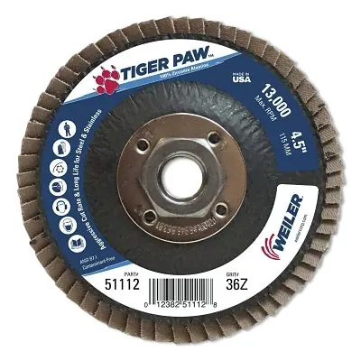 Weiler 51112 Tiger Paw Coated Abrasive Flap Discs 4.5 inch 36 Grit 5/8 Arbor Phenolic Back