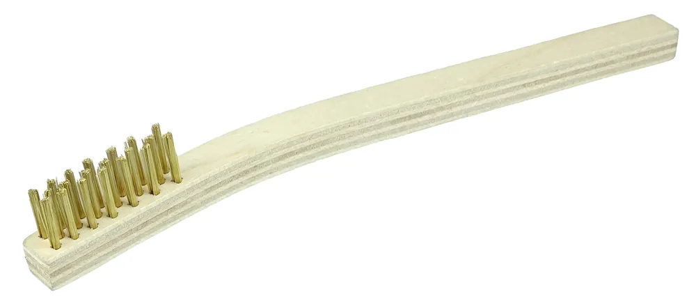 SK0380858-US20260702-105043-0 Weiler 44189 Small Hand Scratch Brush 7-1/2 in 3 X 7 Rows Brass Wire Curved Wood Handle - Image 1