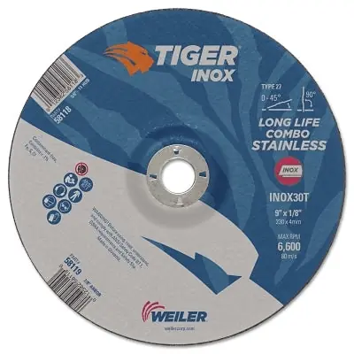 SK0381098-US20260702-105043-0 Weiler 58119 Tiger Inox Combo Wheels 9 in Dia 1/8 in Thick 7/8 in Arbor 30 Grit - Image 1