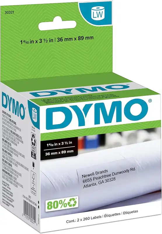 SK0381472-US20260702-105043-0 DYMO 30321 LW Large Mailing Address Labels for LabelWriter Label Printers, White, 1-4/10 x 3-1/2, 2 Rolls of 260 - Image 1