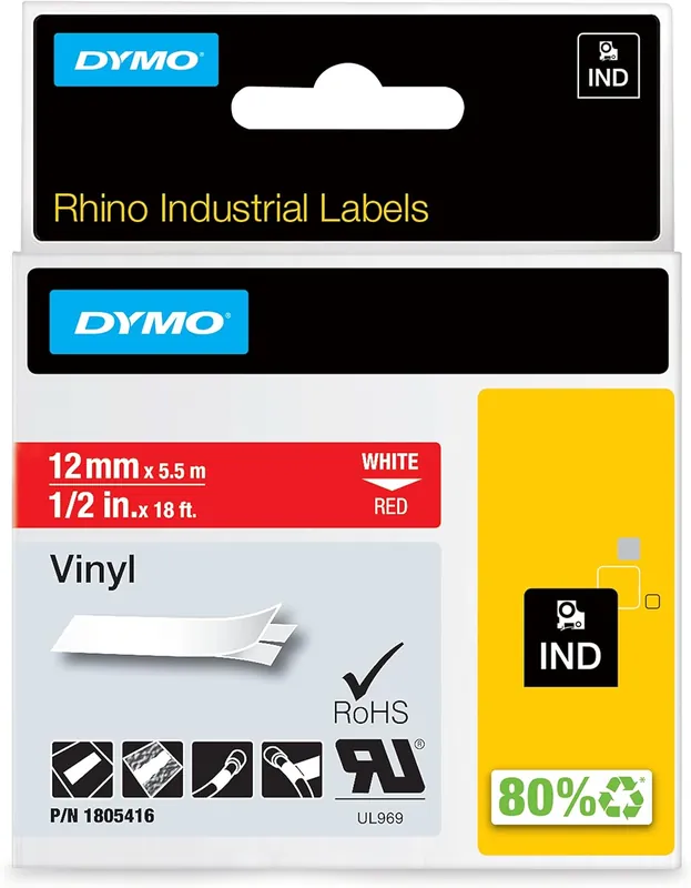 DYMO 1805416 Rhino Red Vinyl Tape, 12mm, White Text
