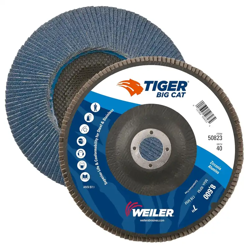 Weiler 50823 Big Cat High Density Abrasive Flap Disc Type 27 Round Hole Phenolic Backing Zirconia Alumina 7 Inch 40 Grit