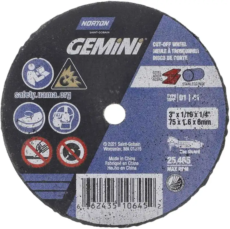 Norton 66243510645 Gemini AO Cut-Off Wheels 3 Inch x 1/16 Inch x 1/4 Inch 36 Grit 25 pack