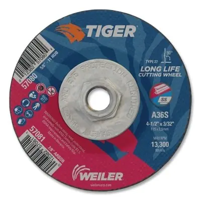 Weiler 57080 Tiger AO Cutting Wheel 4-1/2 in dia x 3/32 in Thick 5/8 in-11 UNC Arbor A36S Type 27