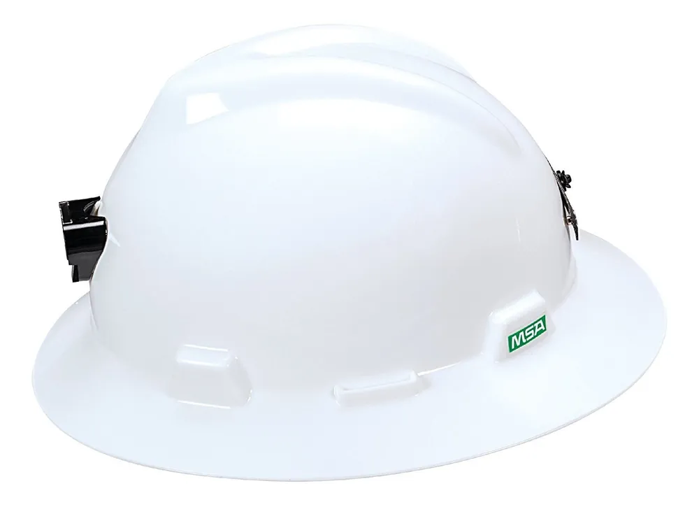 MSA 460069 Polyethylene V-Gard Slotted Full-Brim Hat with Staz-On Suspension, Lamp Bracket and Cord Holder, White, Standard
