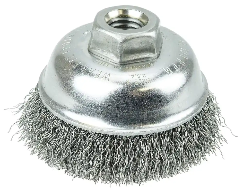 SK0383015-US20260702-105043-0 Weiler 13181 3-1/2 Crimped Wire Cup Brush .014 Steel Fill 5/8-11 UNC Nut - Image 1