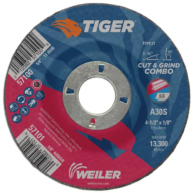 SK0383539-US20260702-105043-0 Weiler 57101 Tiger Type 27 Cut and Grind Combo Wheel 7/8 Arbor Pack of 25 - Image 1