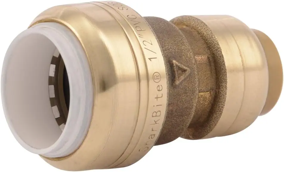 SK0388506-US20260702-105043-0 SharkBite UIP4008 Coupling Brass 1/2 x 1/2 CTS x PVC Slip 200 PSI - Image 1
